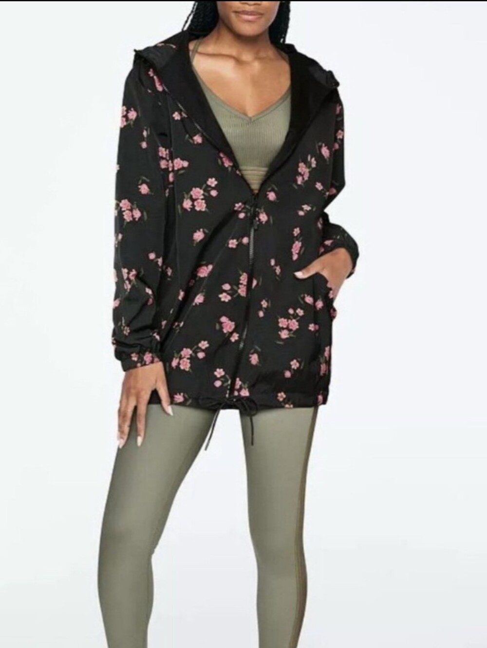 VS PINK Black Floral Long Anorak Windbreaker Jacket M/L